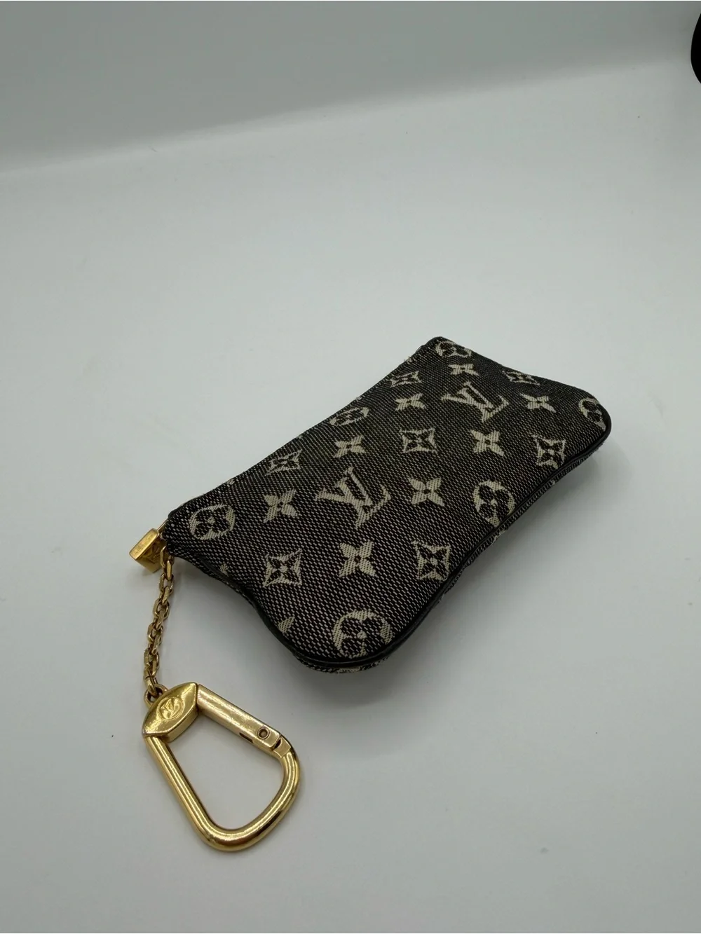 Louis Vuitton Black and Cream DenimMonogram Key Cles Pouch with Gold Hardware